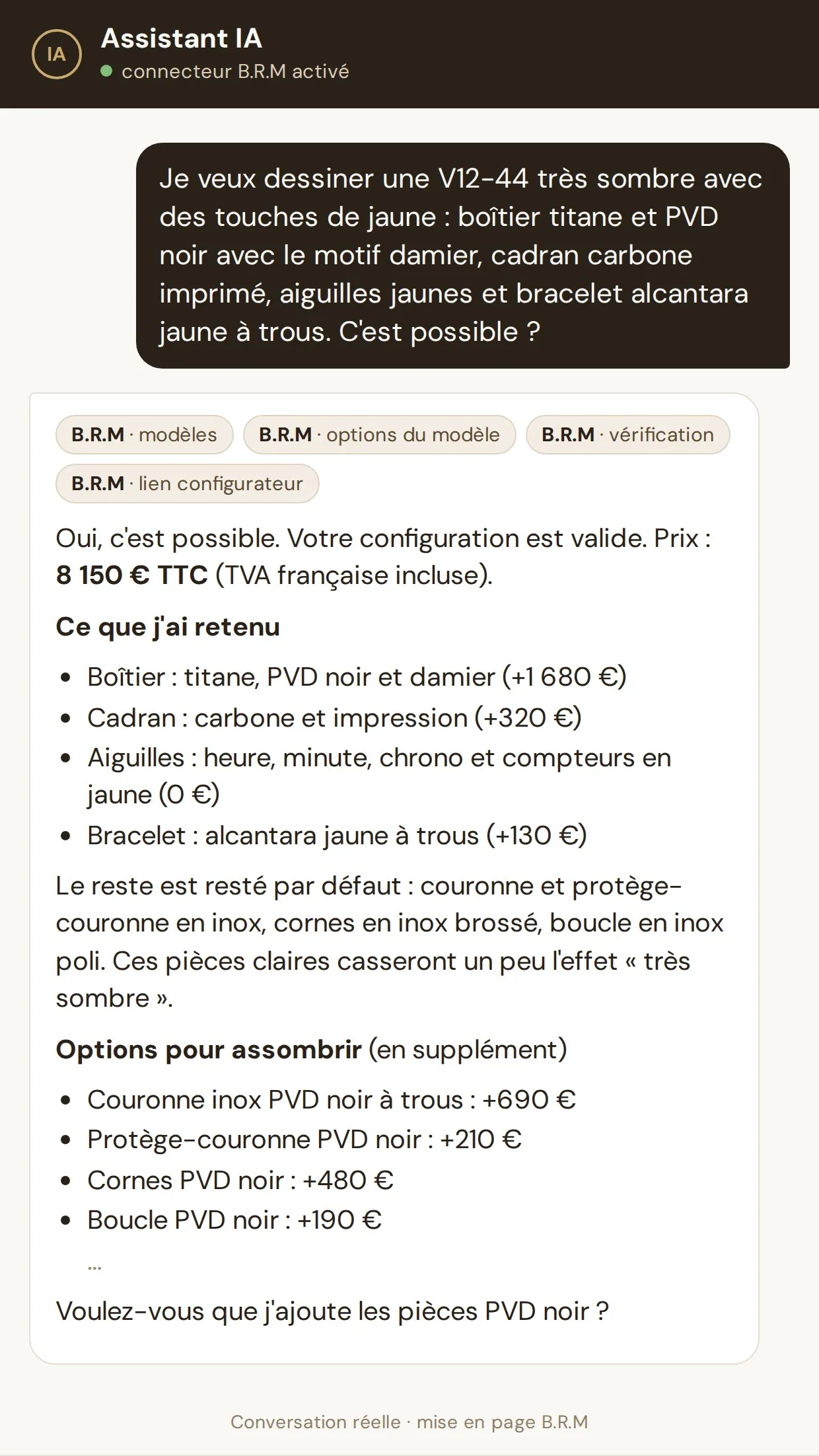 La conversation rejouée le 10 octobre 2026 avec un assistant IA relié au connecteur B.R.M (mise en page B.R.M) : la demande, puis la configuration vérifiée et ses suppléments.
