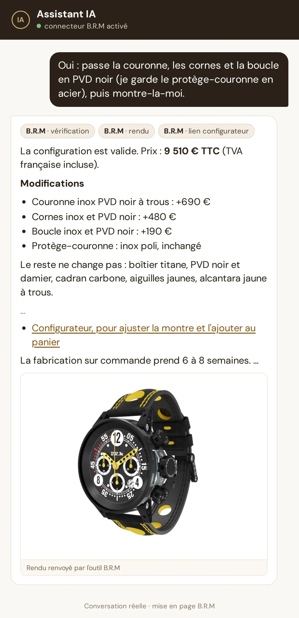 Second message : couronne, cornes et boucle en PVD noir, 9 510 € TTC, et le rendu renvoyé par l'outil B.R.M — la configuration de la commande.