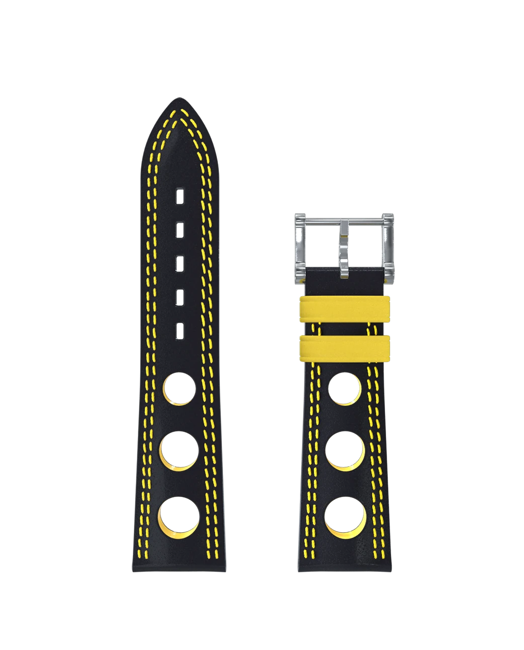 Armband aus schwarzem Leder mit Lochung und doppelter gelber Naht