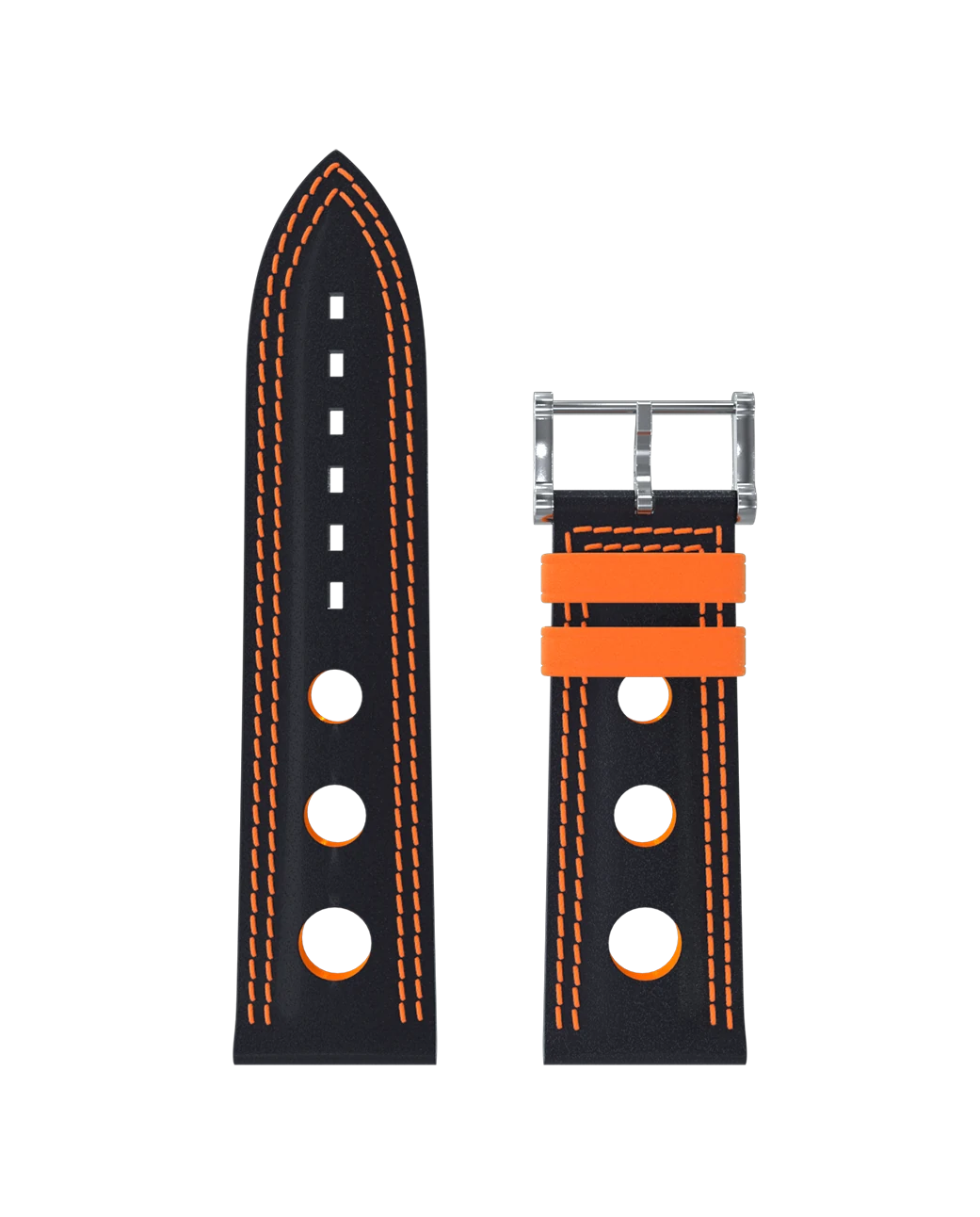 Bracelet cuir noir à trous double couture orange