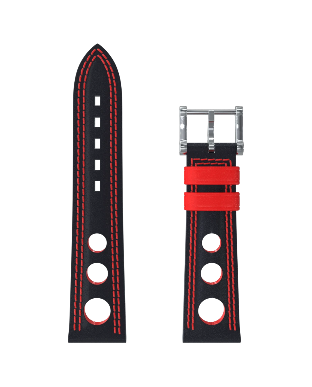 Armband aus schwarzem Leder mit Lochung und doppelter roter Naht